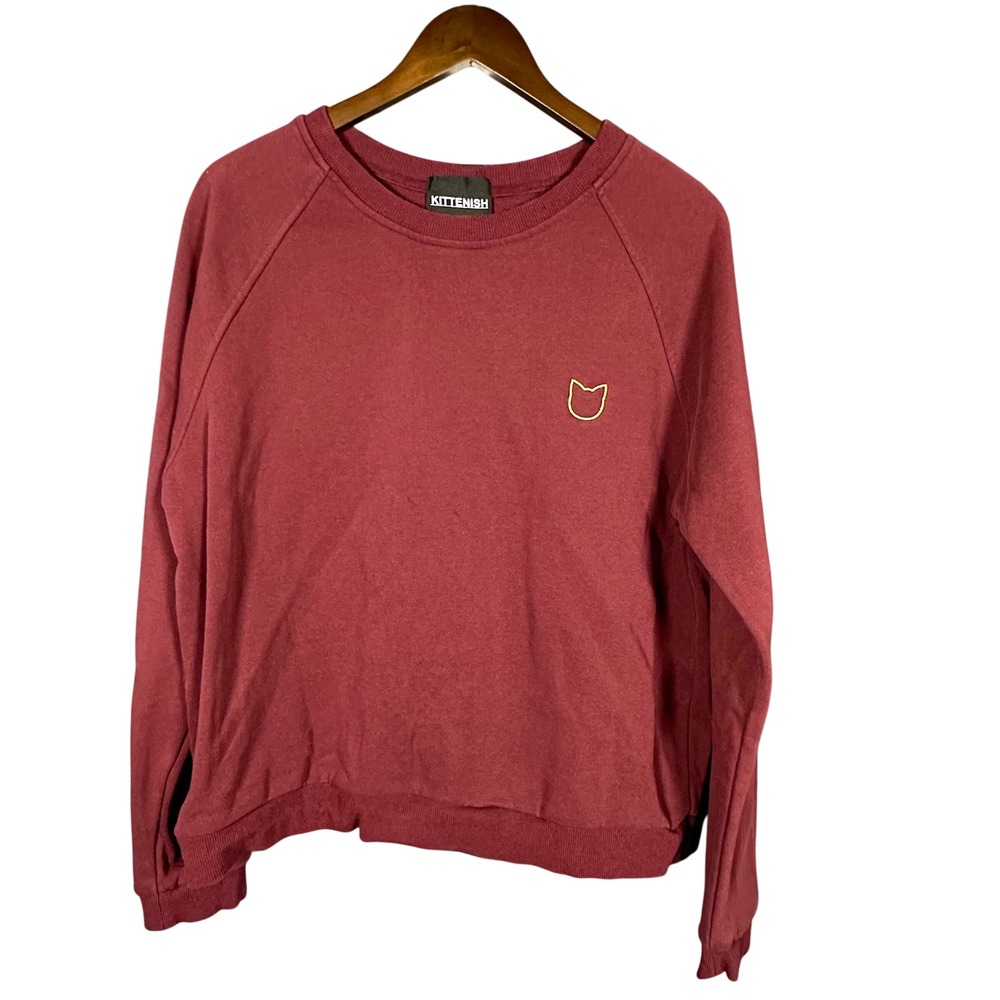 Kittenish Maroon French Terry Sweatshirt Gold Cat Logo Large Crewneck Comfy